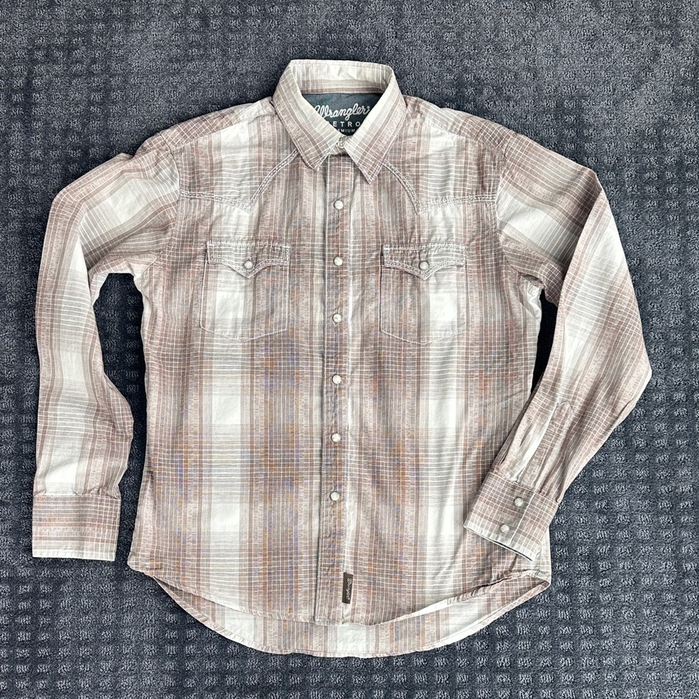 Wrangler Retro Premium Men's Pearl Snap Plaid Shirt - Brown and Cream